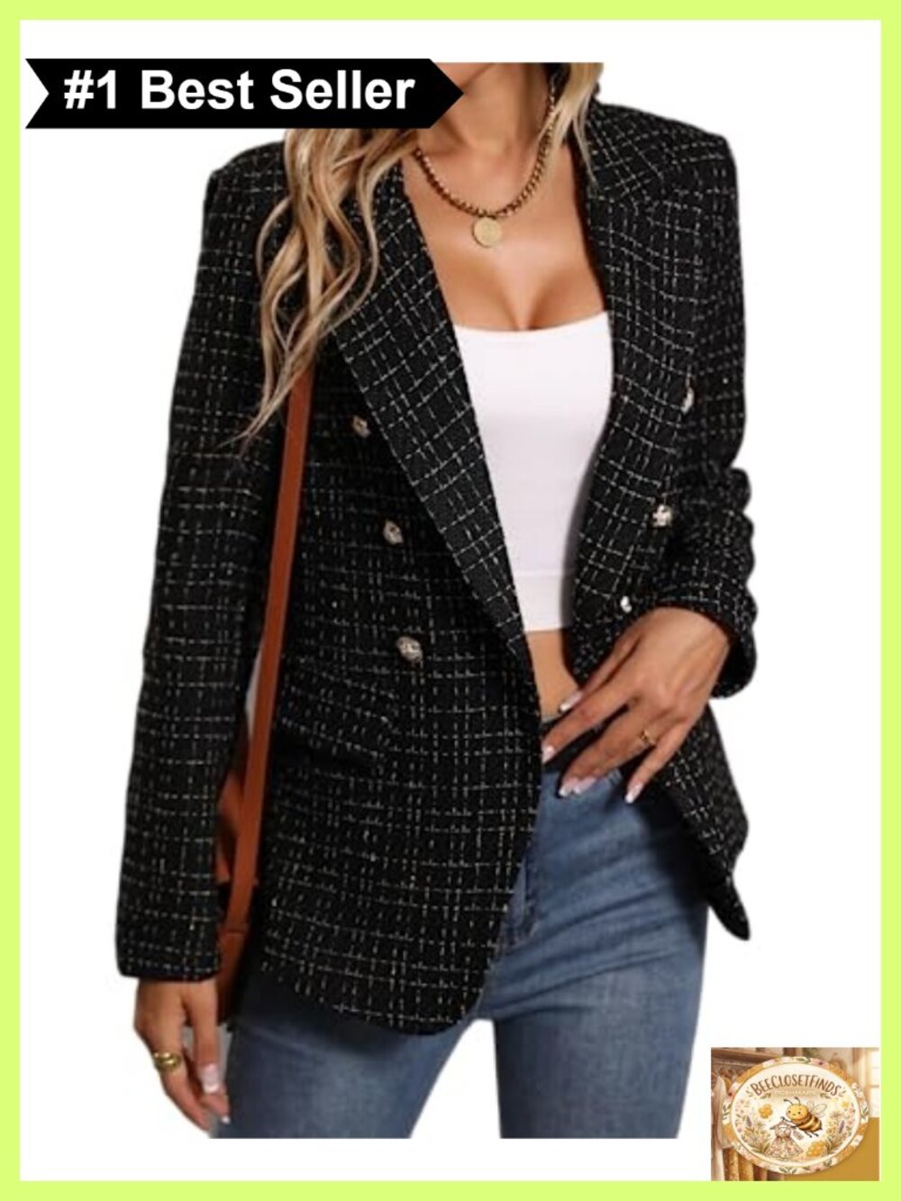 Women's Tweed Plaid Blazer Relaxed Fit Business Casual Work Jacket